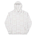 Unisex white hoodie with all-over frosted diamond print design by Daemon, featuring a comfortable hood and recycled fabric.