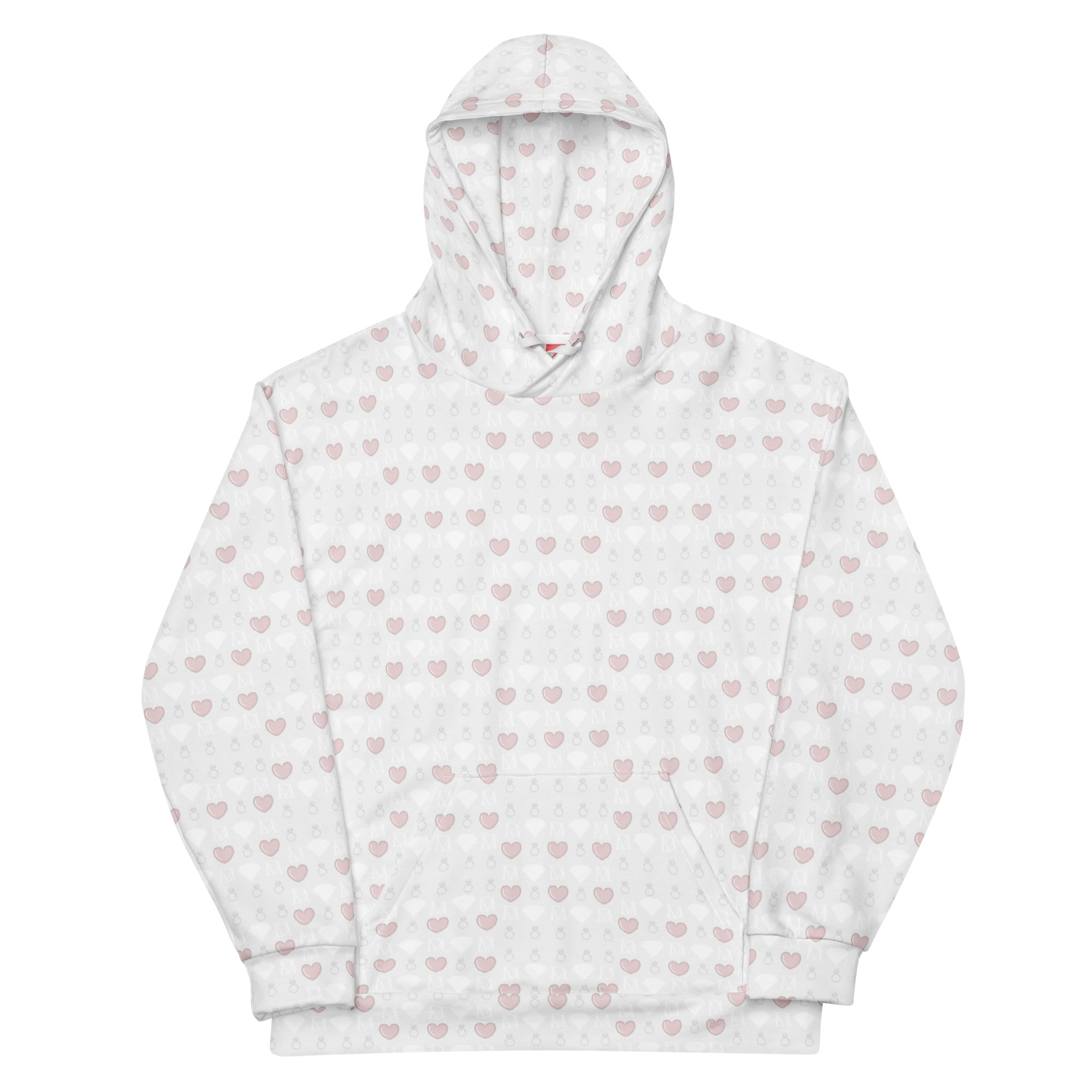 Unisex white hoodie with all-over frosted diamond print design by Daemon, featuring a comfortable hood and recycled fabric.
