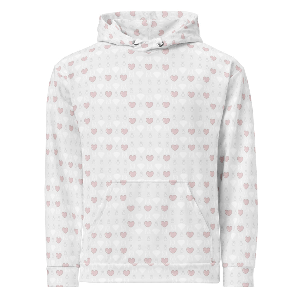 White Daemon Frosted Diamonds Blissful Replay hoodie with all-over recycled print, unisex design, front view.