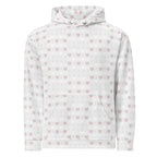 White Daemon Frosted Diamonds Blissful Replay hoodie with all-over recycled print, unisex design, front view.