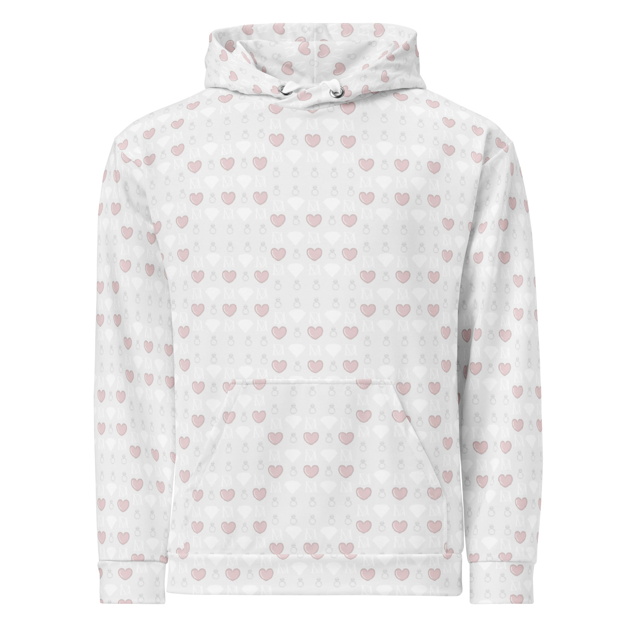 White Daemon Frosted Diamonds Blissful Replay hoodie with all-over recycled print, unisex design, front view.