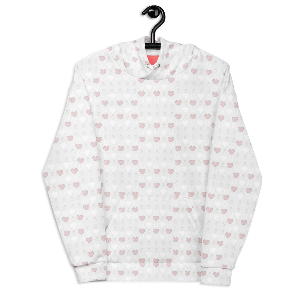 Unisex white hoodie with all-over frosted diamond print by Daemon, featuring a front view of the recycled fabric design.