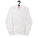 Unisex white hoodie with all-over frosted diamond print by Daemon, featuring a front view of the recycled fabric design.