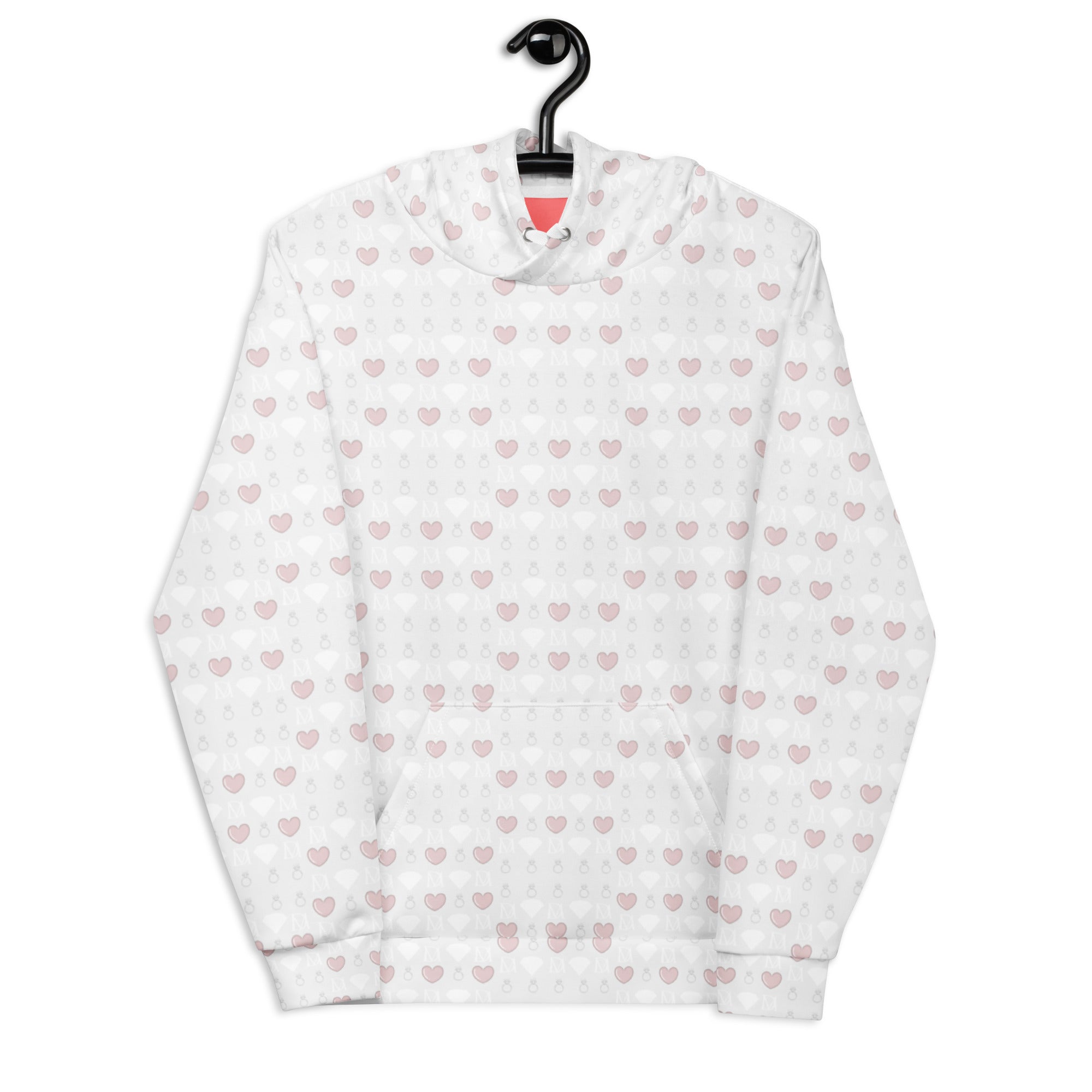 Unisex white hoodie with all-over frosted diamond print by Daemon, featuring a front view of the recycled fabric design.