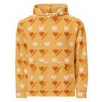 Daemon Gloomy Runner unisex hoodie with all-over white recycled print and hood, featuring a stylish and comfortable design.