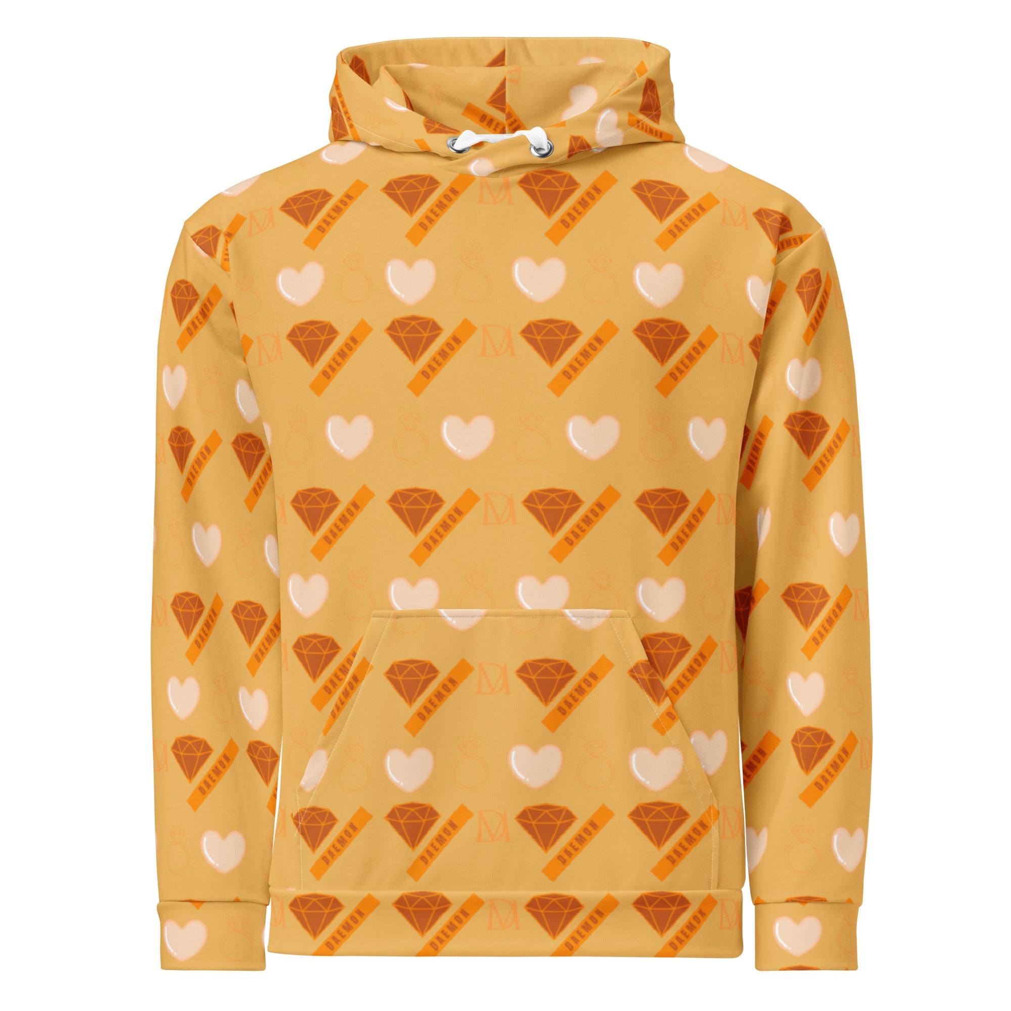 Daemon Gloomy Runner unisex hoodie with all-over white recycled print and hood, featuring a stylish and comfortable design.