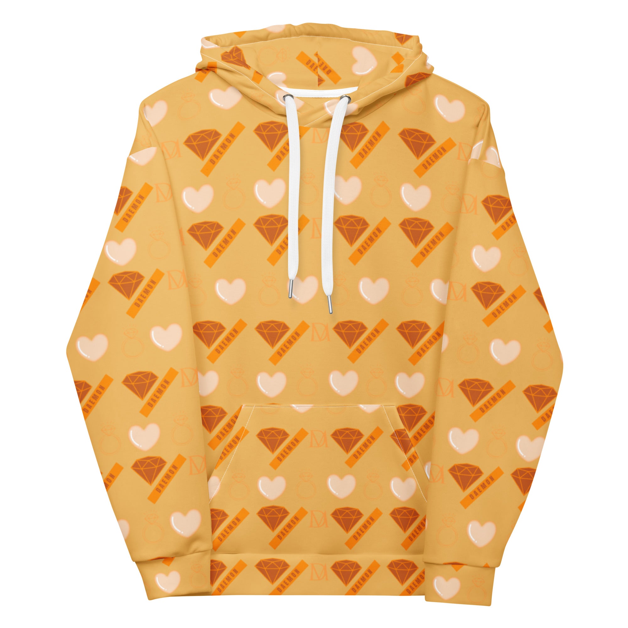 Daemon Gloomy Runner recycled unisex hoodie with all-over white print, featuring a front view of the hooded sweatshirt.