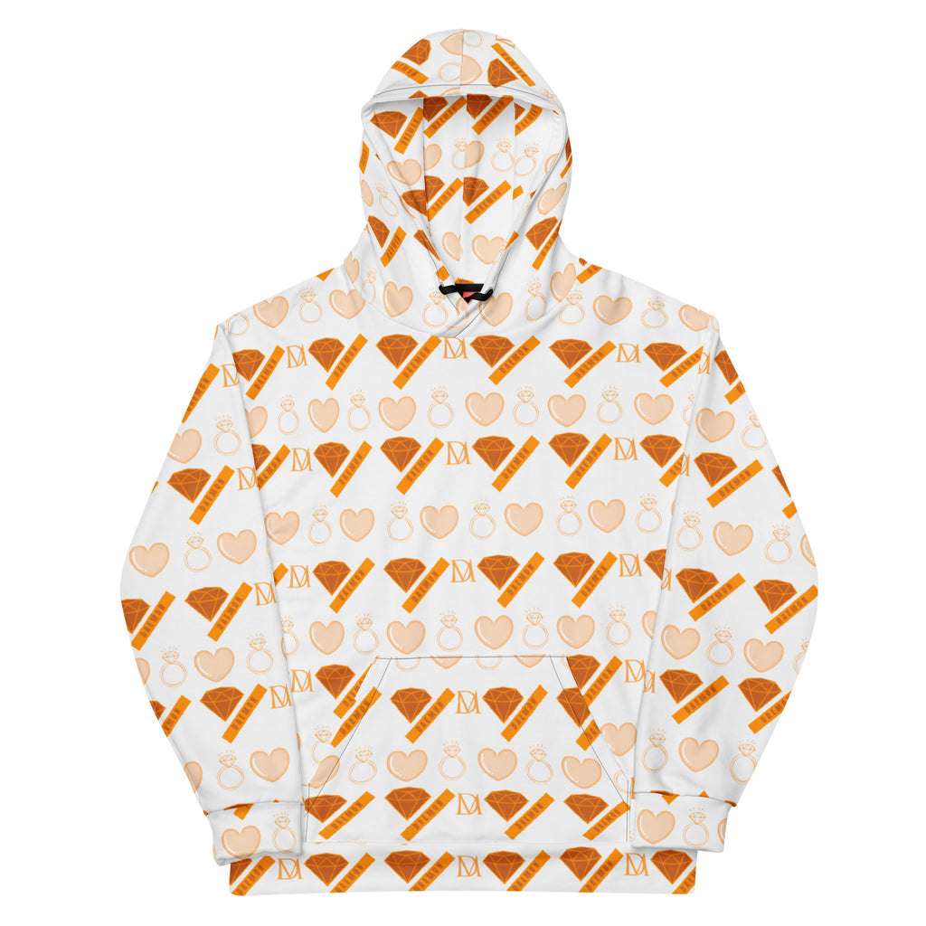 Daemon Gloomy Runner Lunar Mari unisex recycled hoodie with all-over white print, featuring a hood and front design.