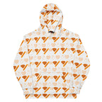 Daemon Gloomy Runner Lunar Mari unisex recycled hoodie with all-over white print, featuring a hood and front design.