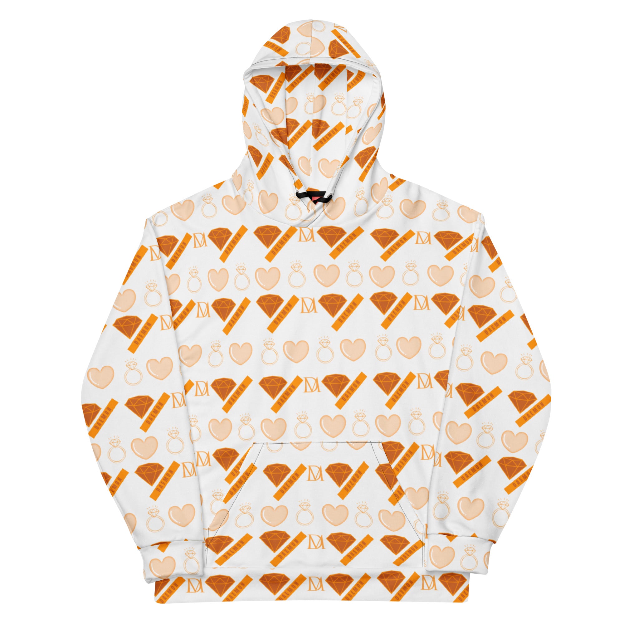 Daemon Gloomy Runner Lunar Mari unisex recycled hoodie with all-over white print, featuring a hood and front design.