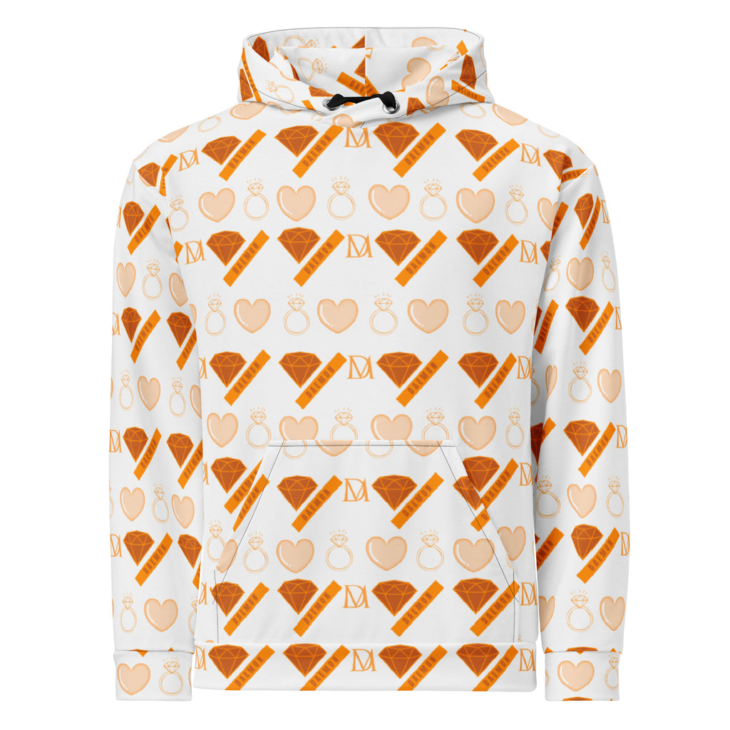 Recycled white hoodie with all-over lunar Mari Gloomy Runner print by Daemon, featuring a front view and hood.
