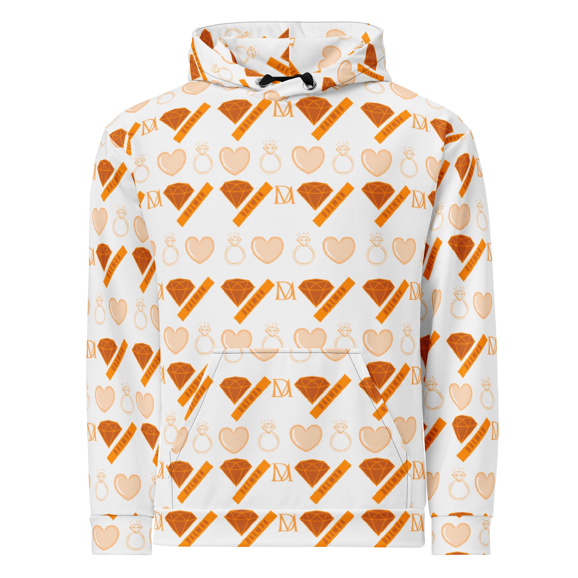 Recycled white hoodie with all-over lunar Mari Gloomy Runner print by Daemon, featuring a front view and hood.