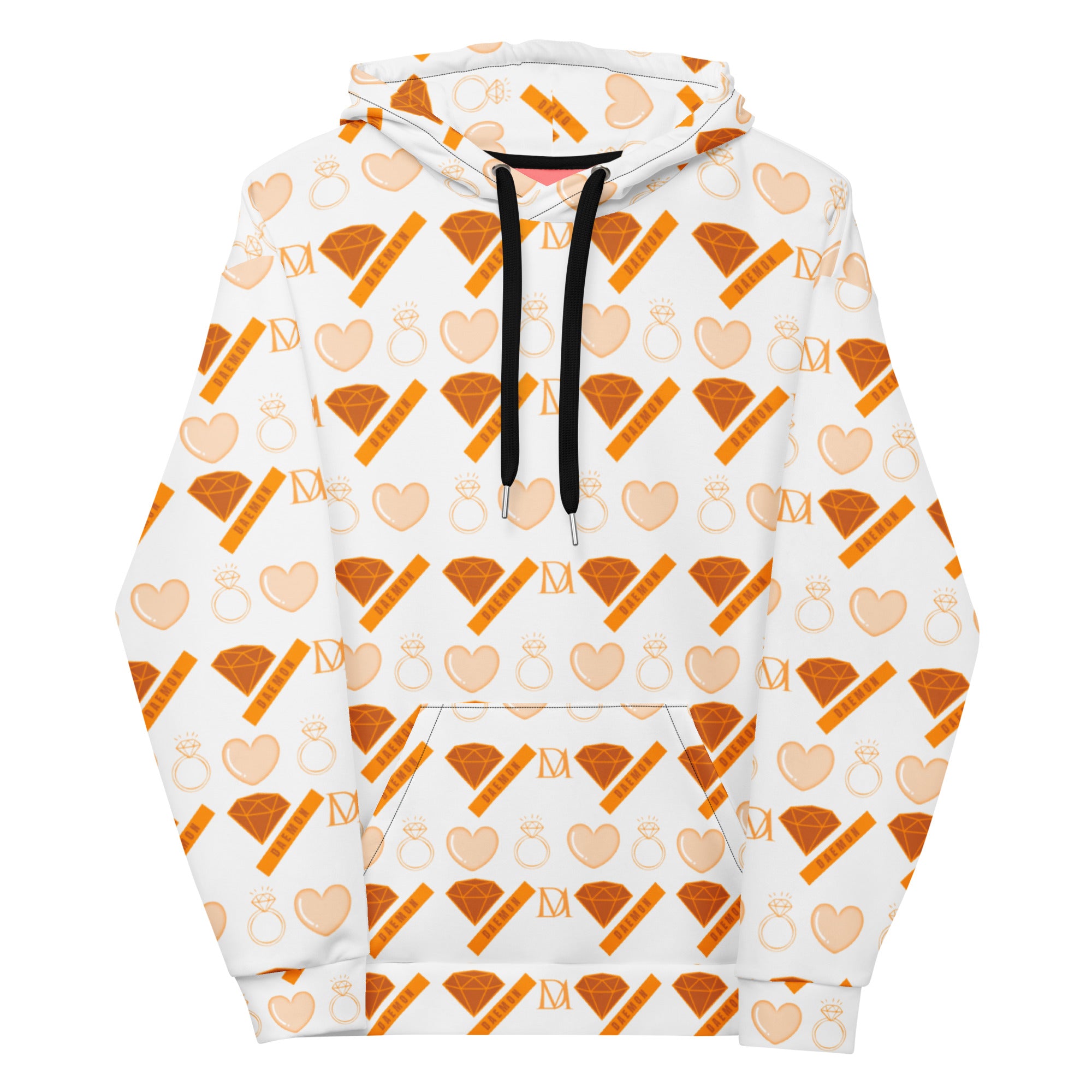 Daemon Gloomy Runner Lunar Mari unisex hoodie with all-over white recycled print, featuring a hood and casual fit.