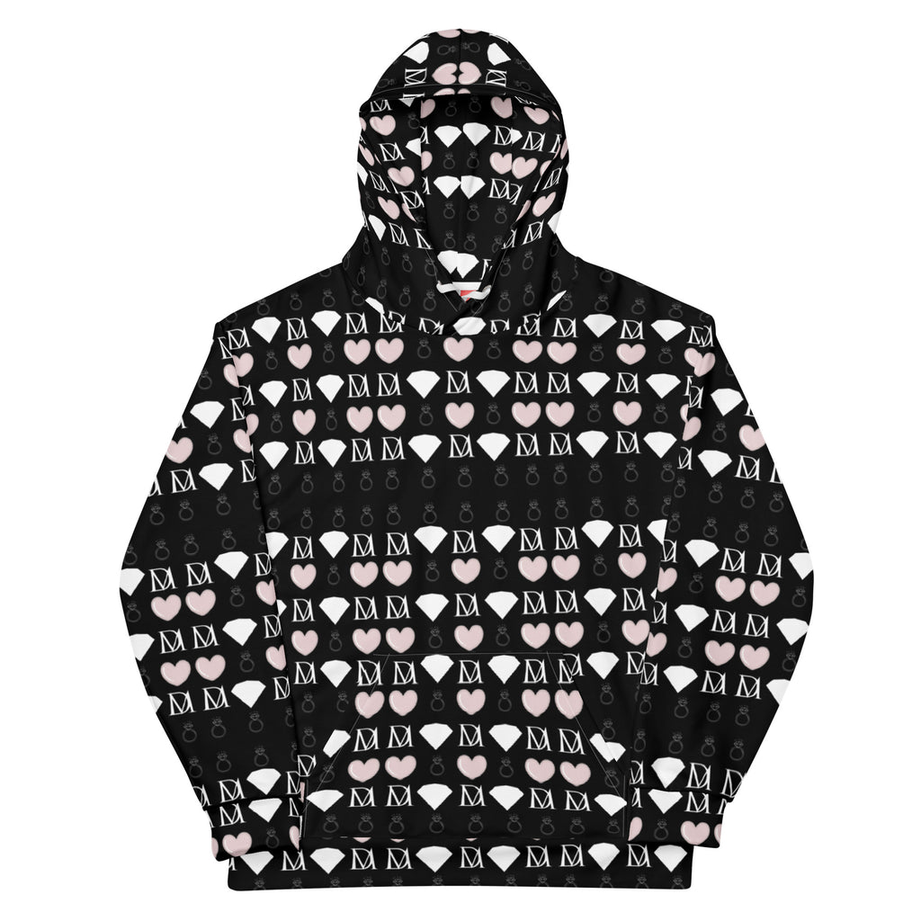 White Daemon Frosted Diamonds Love Lock hoodie with all-over recycled print, featuring diamond patterns and a casual unisex design.