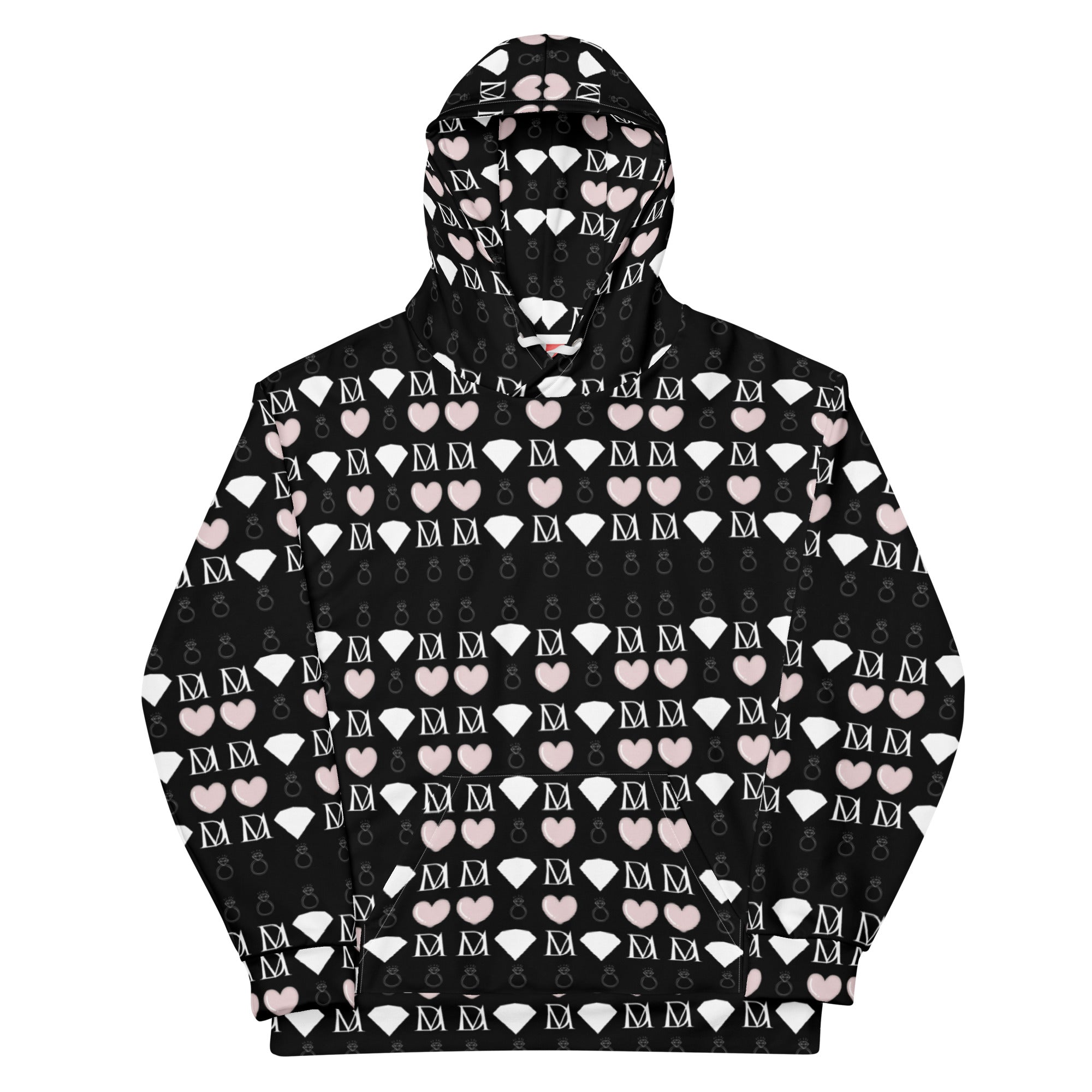 White Daemon Frosted Diamonds Love Lock hoodie with all-over recycled print, featuring diamond patterns and a casual unisex design.