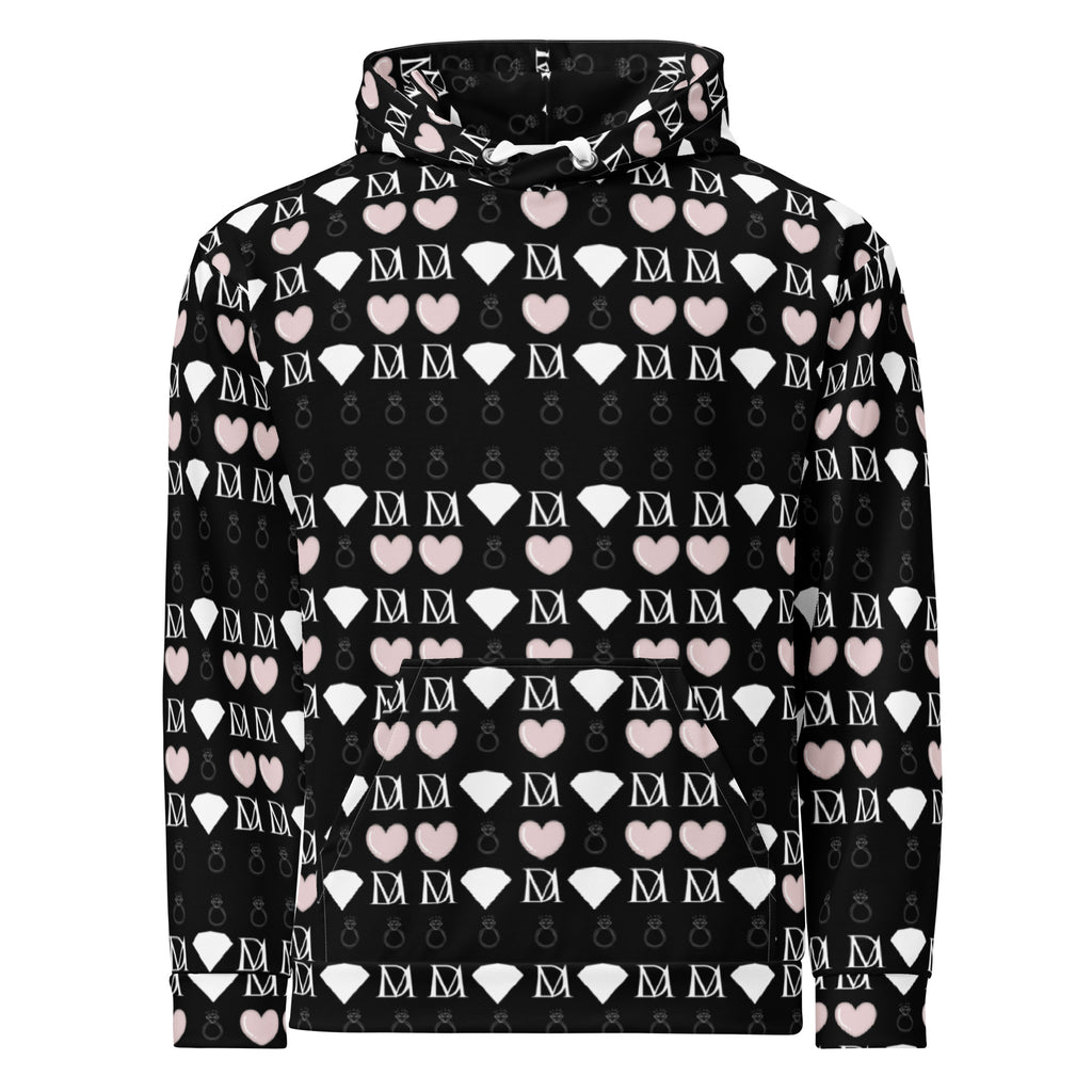 White recycled unisex hoodie with all-over print of frosted diamond love lock design by Daemon.