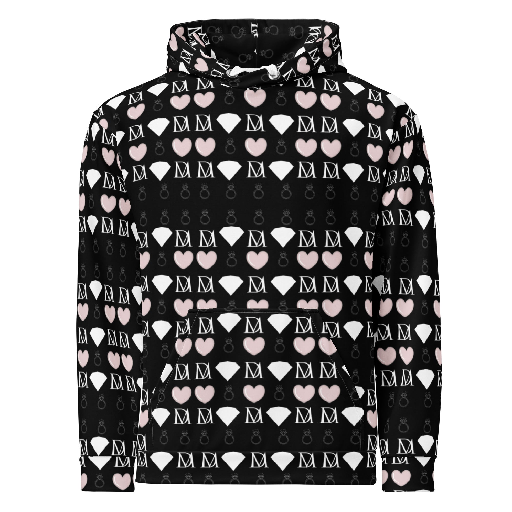 White recycled unisex hoodie with all-over print of frosted diamond love lock design by Daemon.