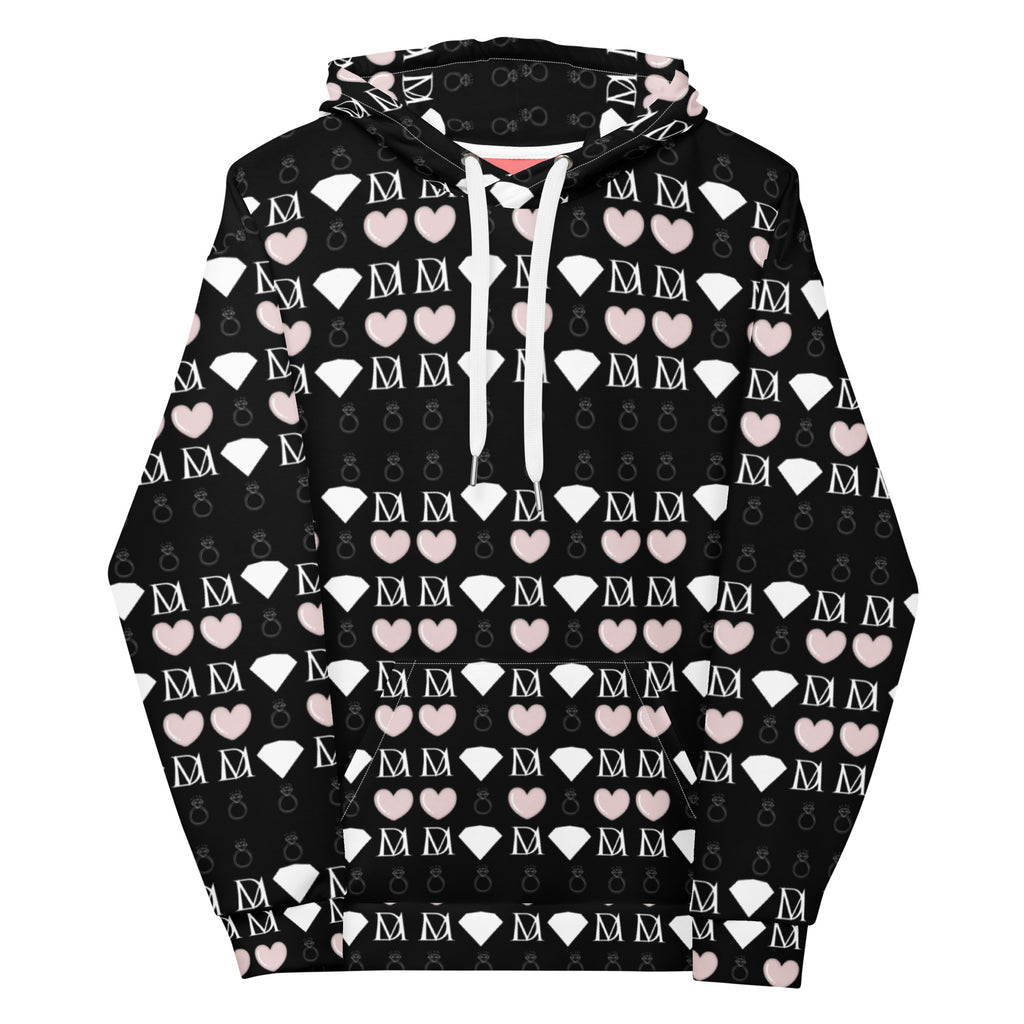 Daemon Frosted Diamonds Love Lock unisex recycled hoodie with all-over white print, cozy hooded sweatshirt for casual wear