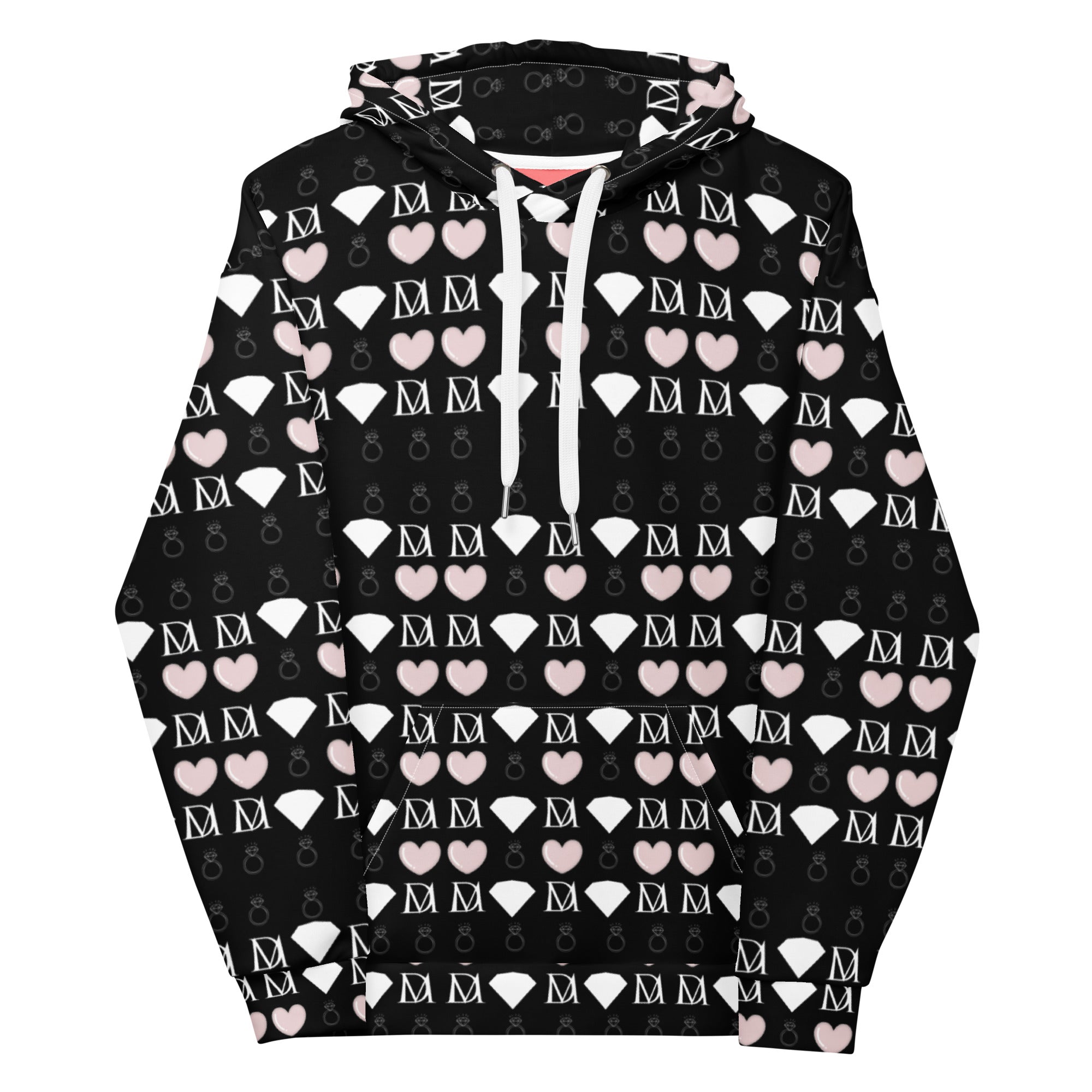 Daemon Frosted Diamonds Love Lock unisex recycled hoodie with all-over white print, cozy hooded sweatshirt for casual wear