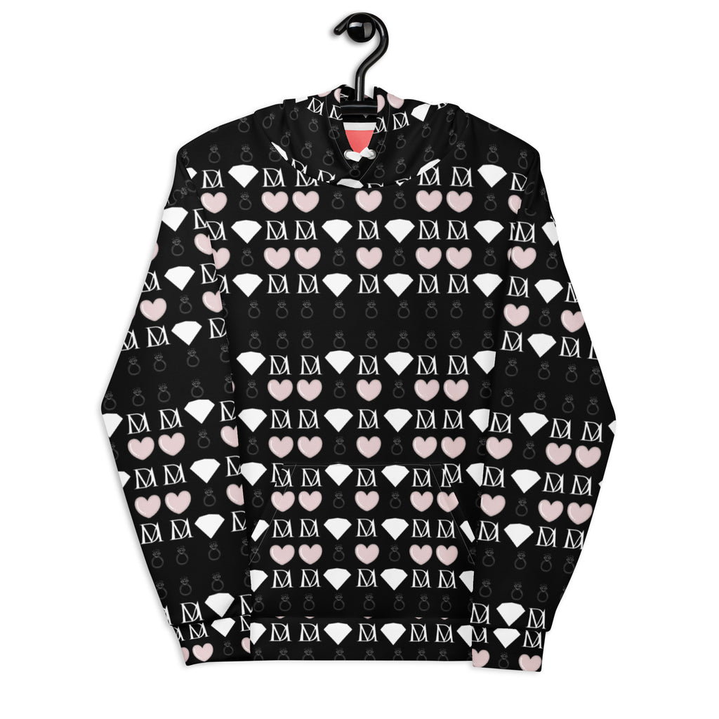 Unisex white hoodie by Daemon with all-over frosted diamond love lock print, recycled fabric, front view.