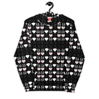 Unisex white hoodie by Daemon with all-over frosted diamond love lock print, recycled fabric, front view.