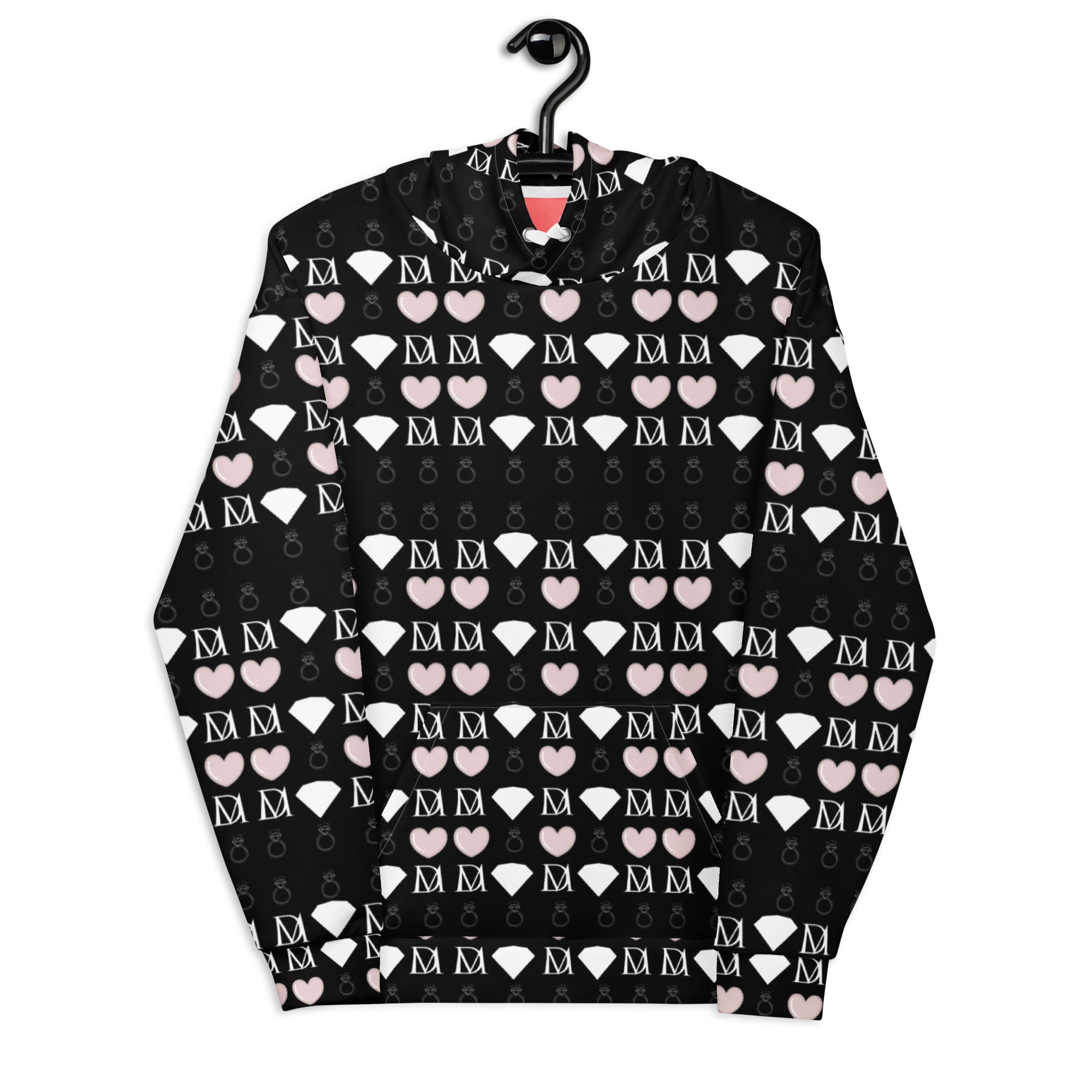 Unisex white hoodie by Daemon with all-over frosted diamond love lock print, recycled fabric, front view.