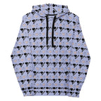 Unisex white hoodie with all-over Gloomy Runners Lavished Valentino print by Daemon, featuring a cozy hood and vibrant graphic design.