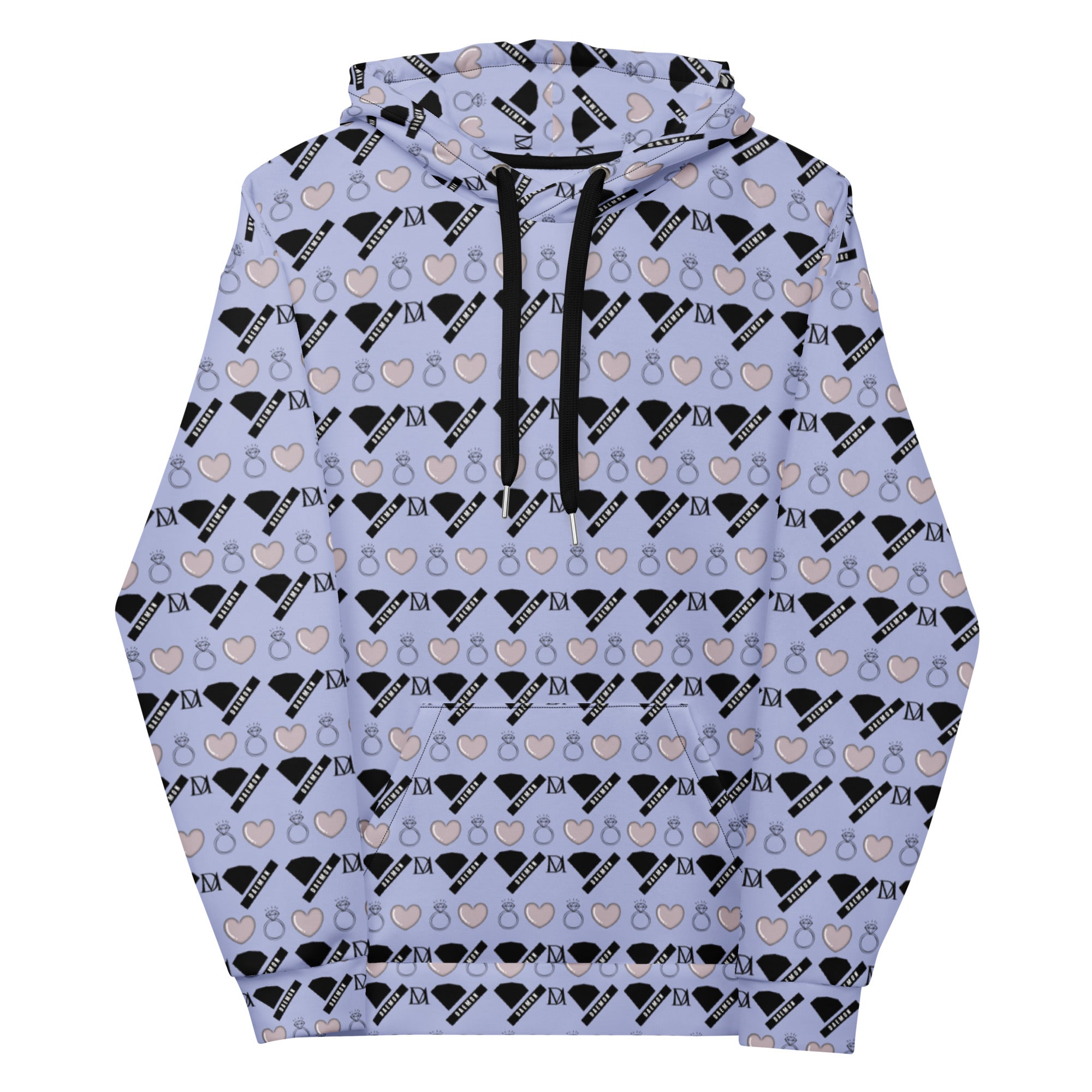 Unisex white hoodie with all-over Gloomy Runners Lavished Valentino print by Daemon, featuring a cozy hood and vibrant graphic design.