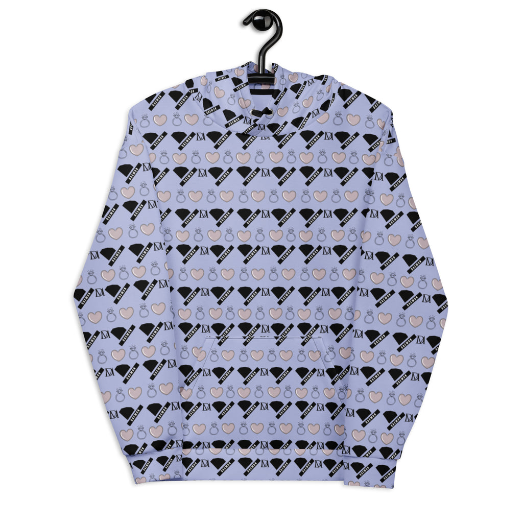 Daemon Gloomy Runners Lavished Valentino hoodie with all-over print, white recycled unisex cotton sweatshirt, front view.