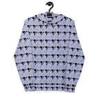 Daemon Gloomy Runners Lavished Valentino hoodie with all-over print, white recycled unisex cotton sweatshirt, front view.
