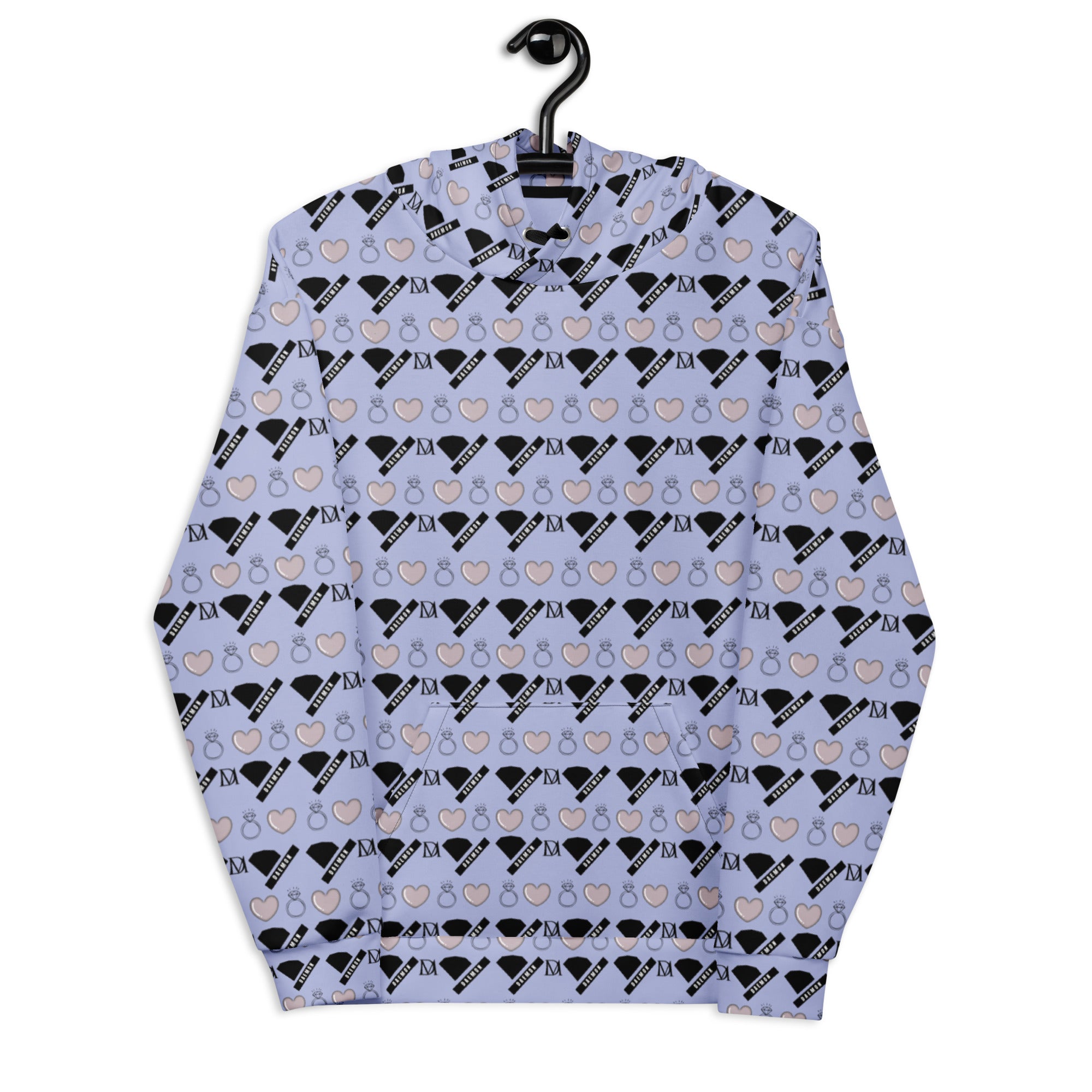 Daemon Gloomy Runners Lavished Valentino hoodie with all-over print, white recycled unisex cotton sweatshirt, front view.