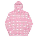 Unisex white hoodie with all-over recycled print featuring frosted diamond and cotton candy cinzel designs by Daemon.