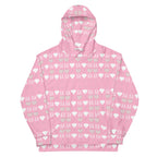 Unisex white hoodie with all-over recycled print featuring frosted diamond and cotton candy cinzel designs by Daemon.