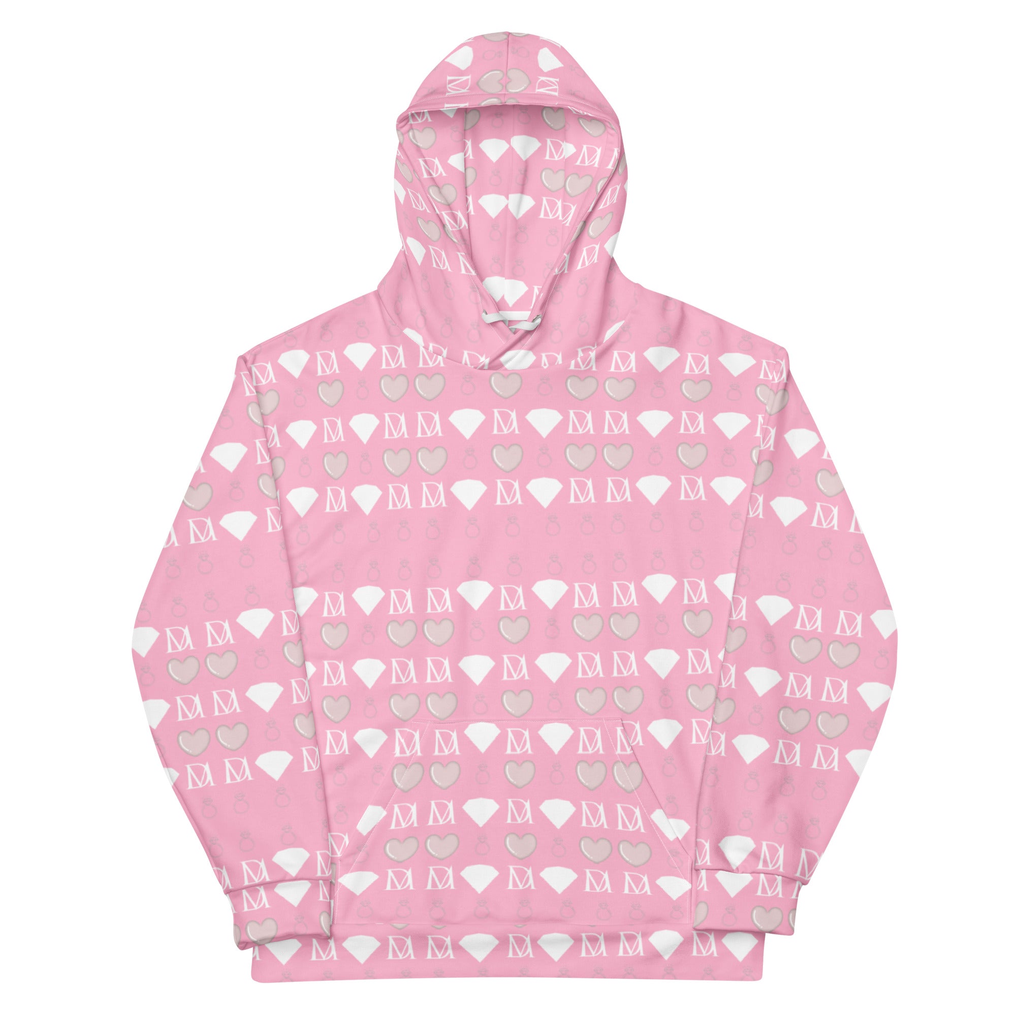 Unisex white hoodie with all-over recycled print featuring frosted diamond and cotton candy cinzel designs by Daemon.