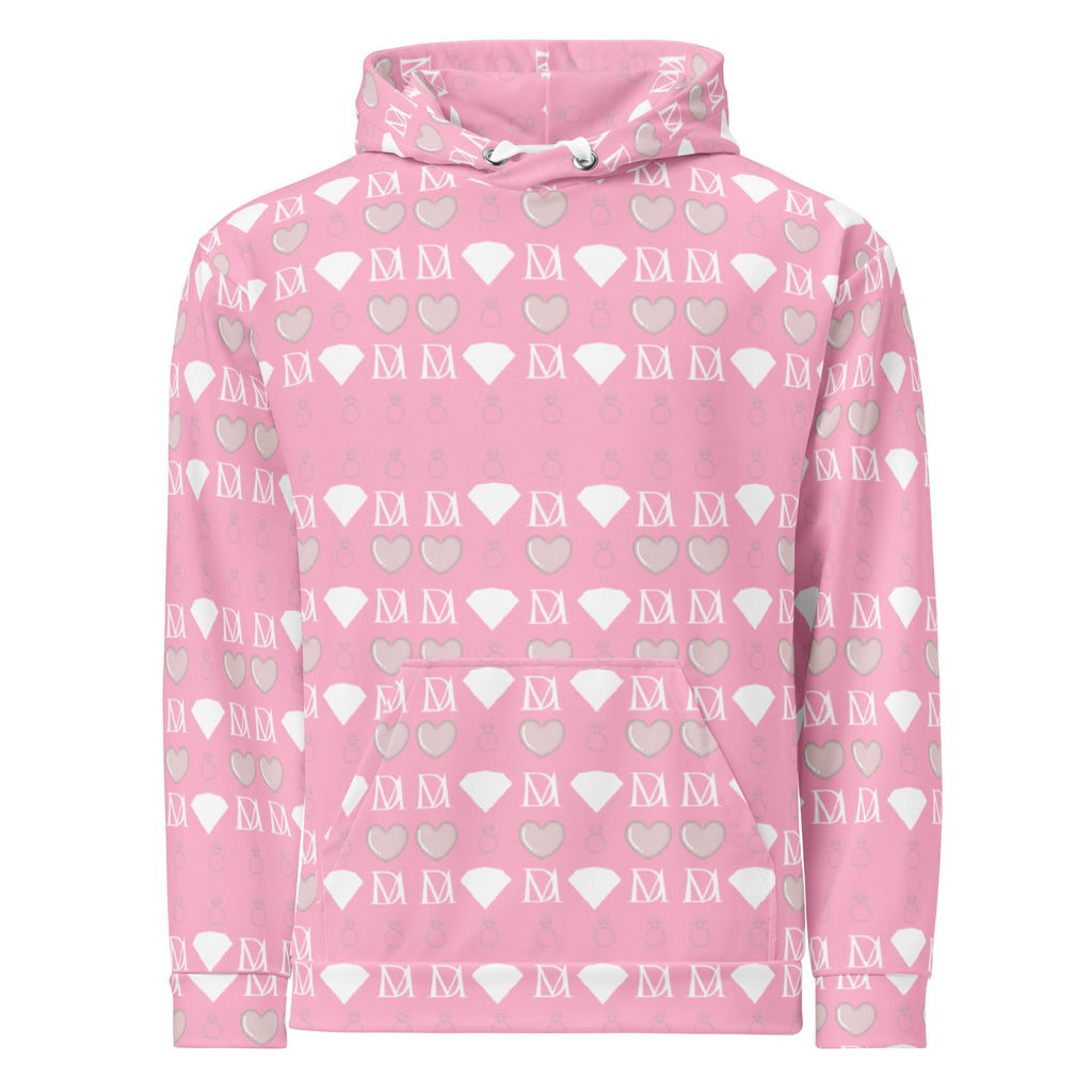 White unisex hoodie by Daemon featuring all-over frosted diamond and cotton candy cinzel print on the front.