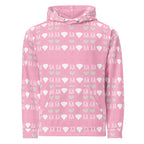 White unisex hoodie by Daemon featuring all-over frosted diamond and cotton candy cinzel print on the front.