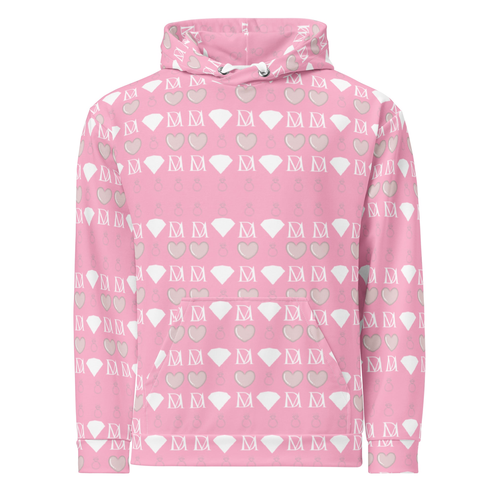 White unisex hoodie by Daemon featuring all-over frosted diamond and cotton candy cinzel print on the front.
