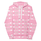 Unisex white hoodie with all-over print of frosted diamonds and cotton candy design by Daemon, featuring a hood and front view.