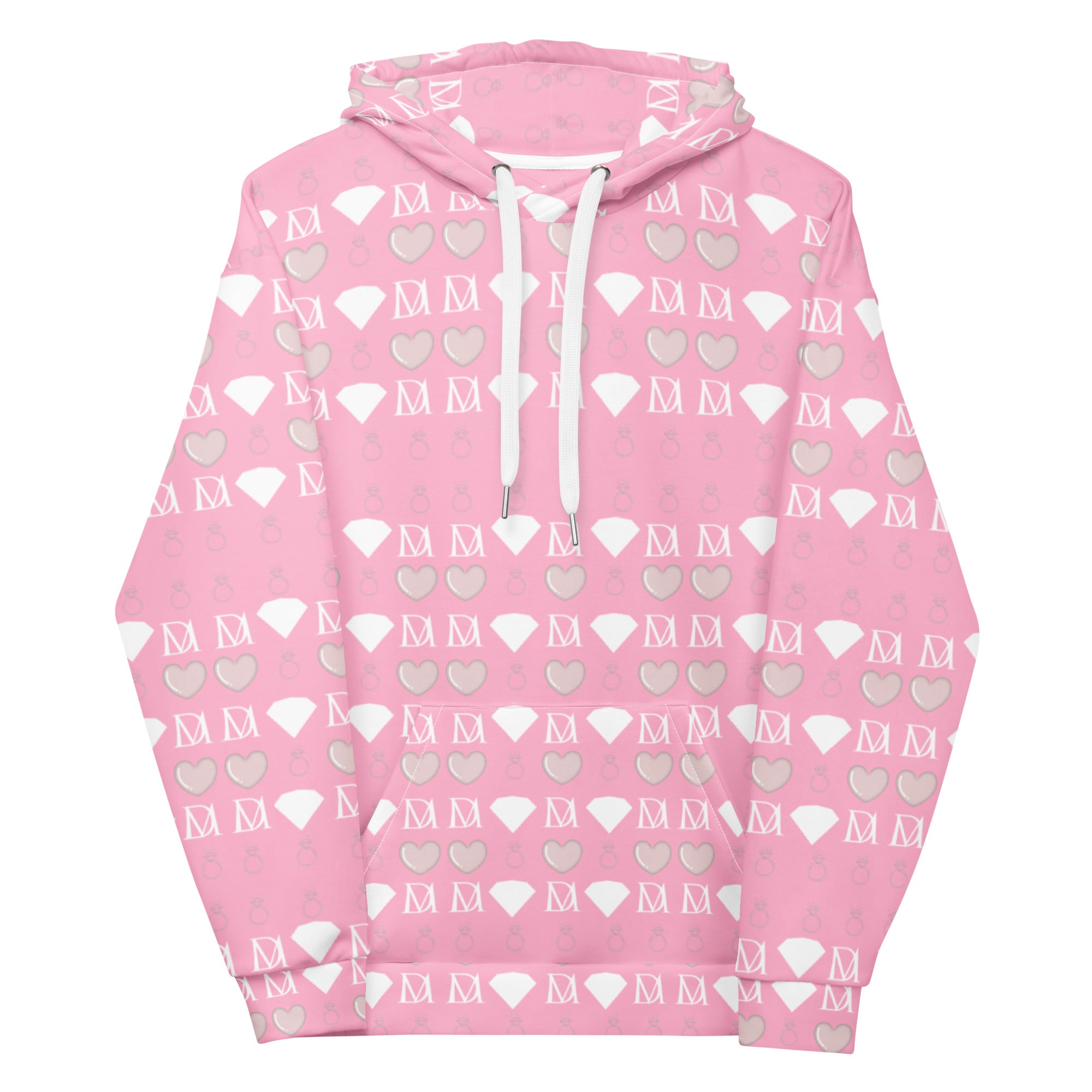 Unisex white hoodie with all-over print of frosted diamonds and cotton candy design by Daemon, featuring a hood and front view.