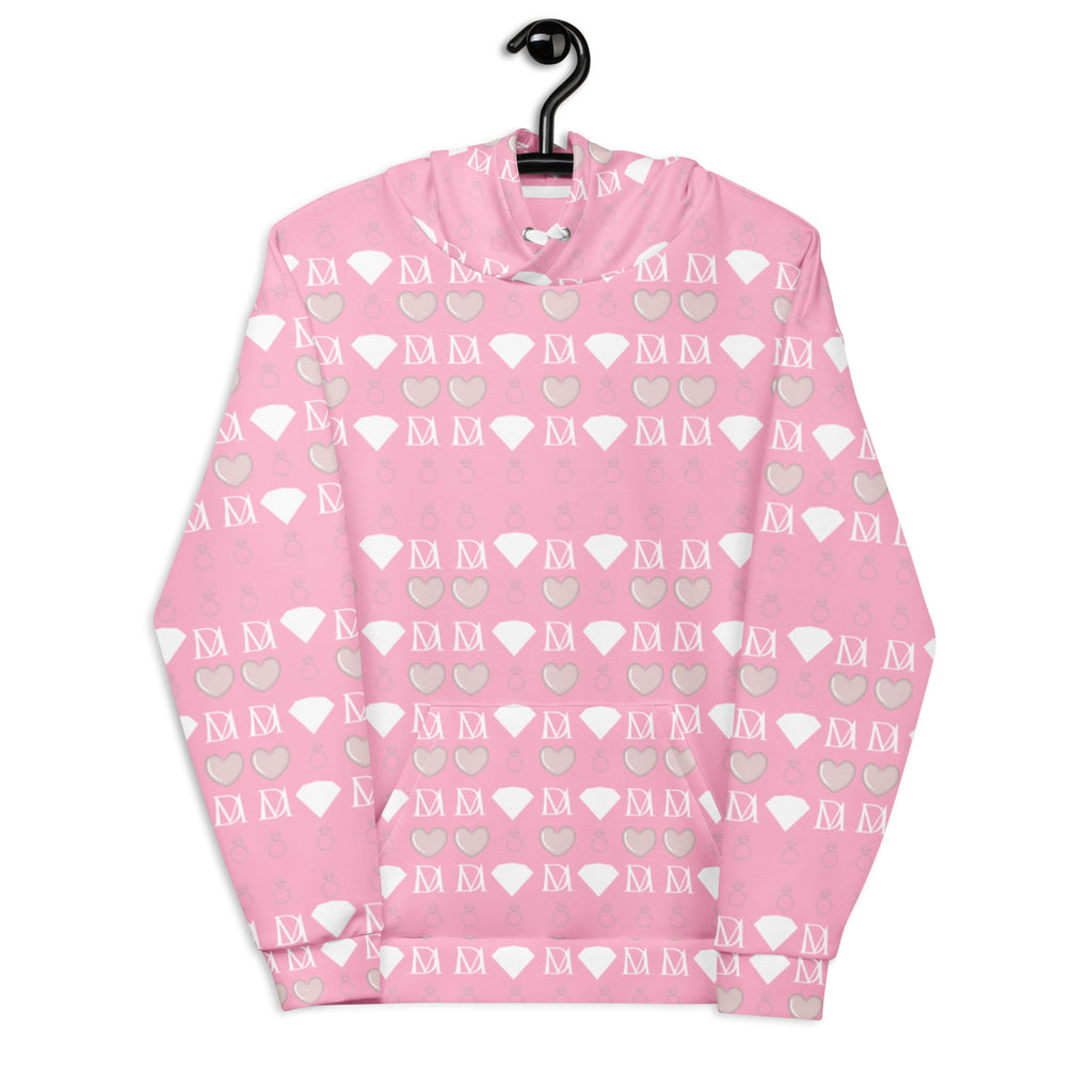 White unisex hoodie with all-over print of frosted diamonds and cotton candy design by Daemon, featuring a front view.