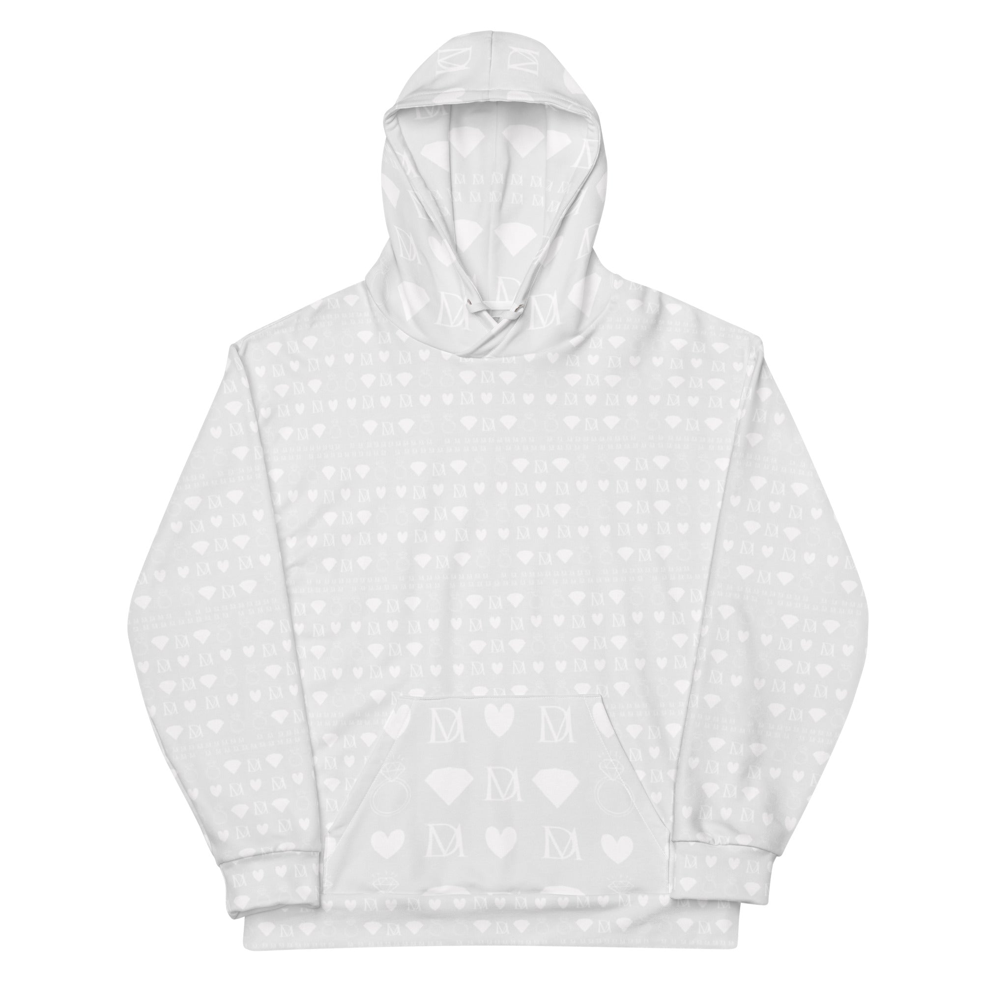 Daemon Frosted Diamonds Artica unisex hoodie with all-over white print featuring abstract diamond patterns and a hood.