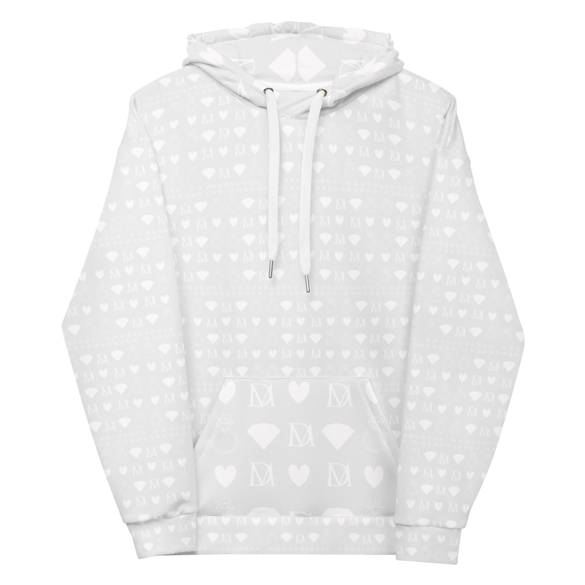 White unisex hoodie with frosted diamond Artica print and Daemon branding, featuring a front view and recycled fabric design.