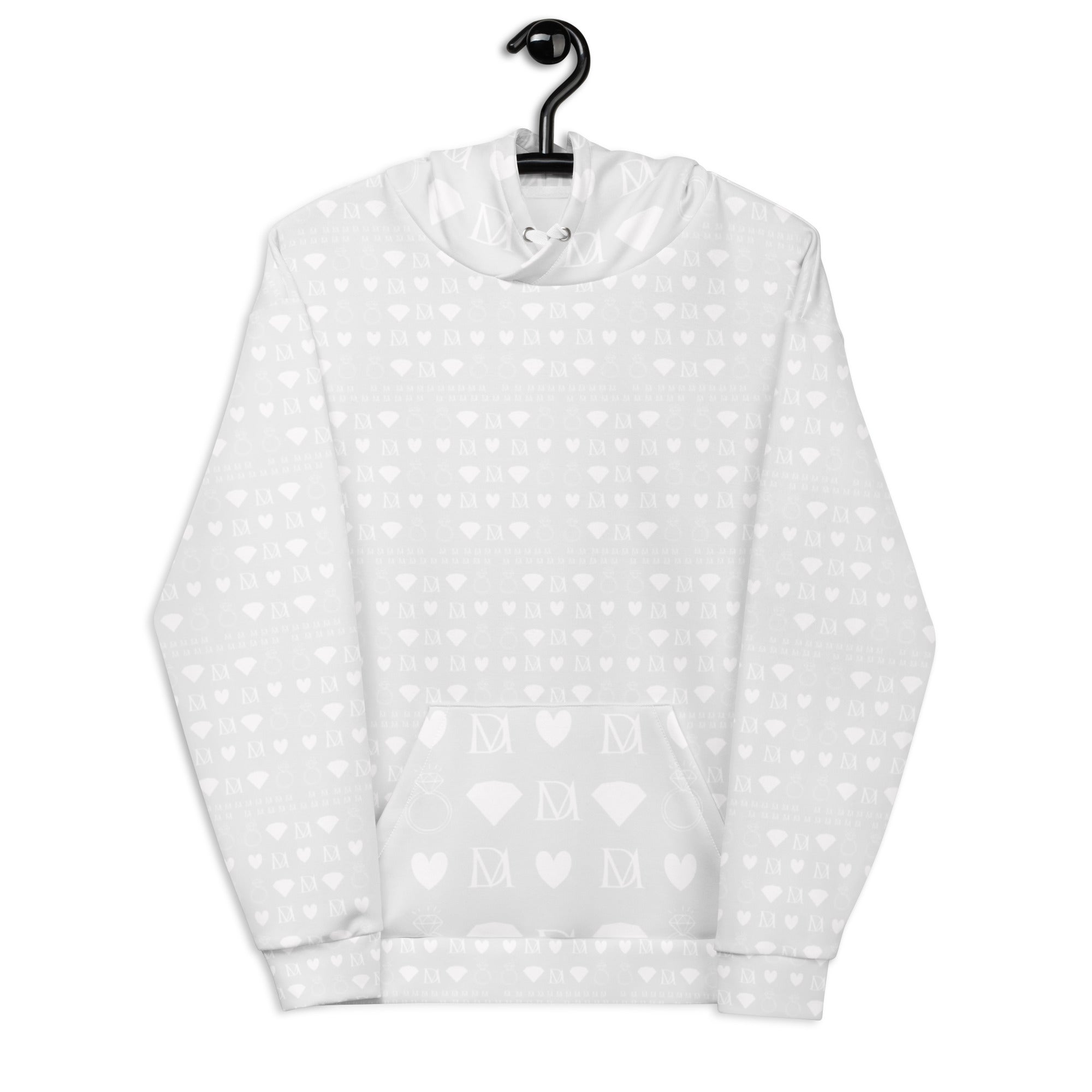 Daemon Frosted Diamonds Artica unisex hoodie with all-over white recycled print and hood, showcasing a modern, stylish design.