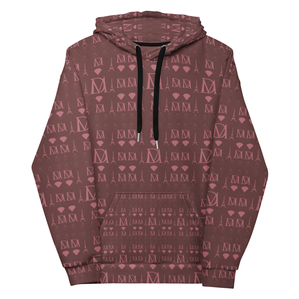 Unisex white hoodie with all-over recycled print, featuring the Dim Horizon design by Daemon on the front.