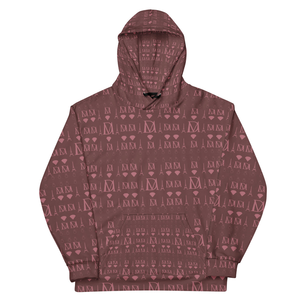 White Daemon Dim Horizon unisex hoodie with all-over recycled print, featuring a front view of the hooded sweatshirt.