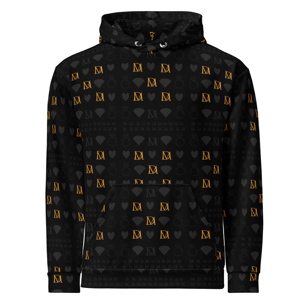 Unisex white hoodie featuring all-over print of frosted diamond patterns in gold, by Daemon.