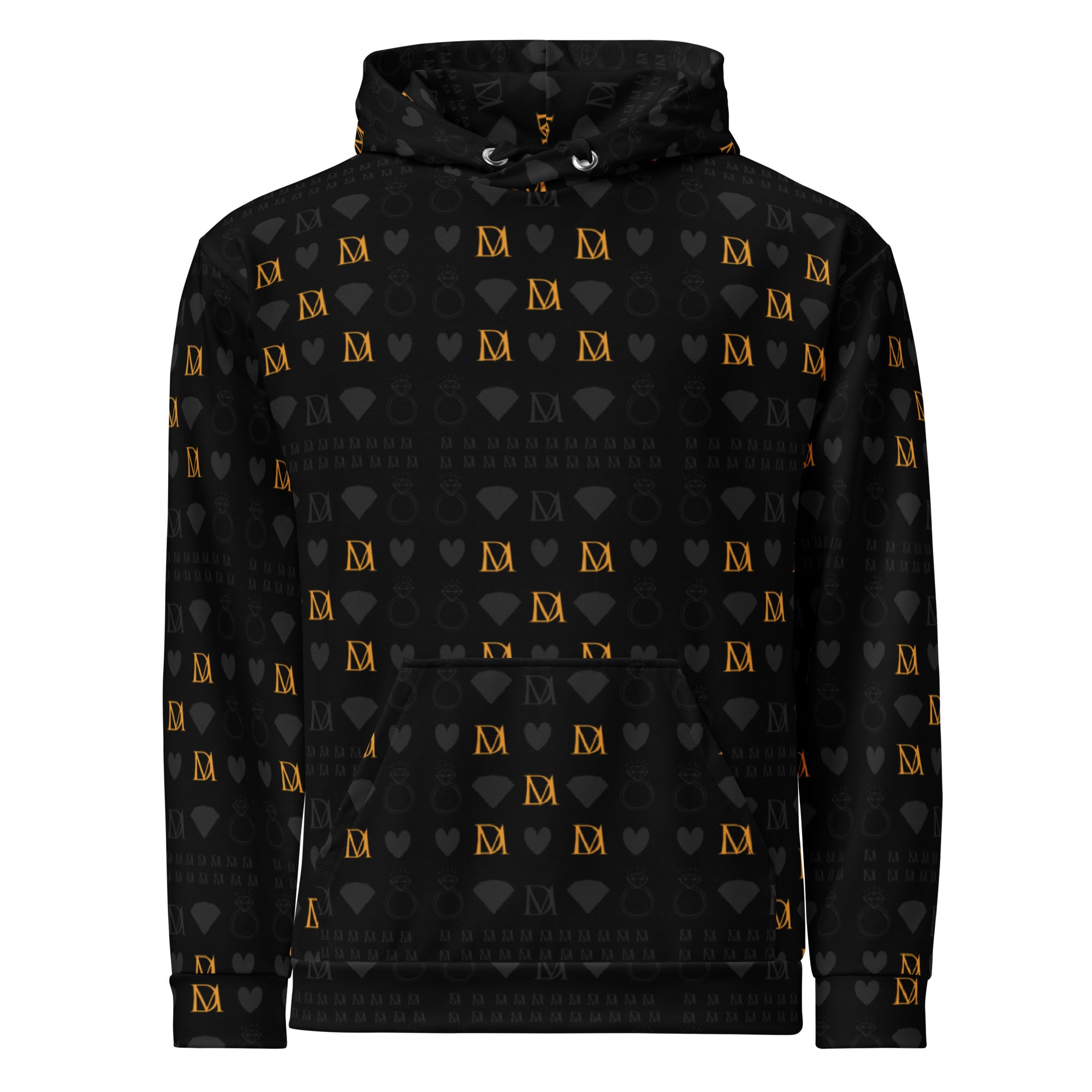Unisex white hoodie featuring all-over print of frosted diamond patterns in gold, by Daemon.