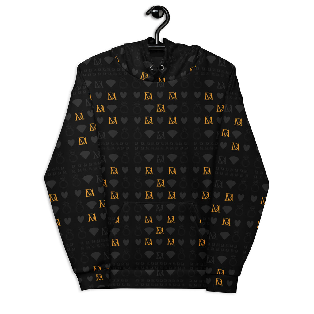Unisex white recycled hoodie with all-over frosted diamond gold tender print by Daemon, featuring a front view with hood.