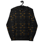 Unisex white recycled hoodie with all-over frosted diamond gold tender print by Daemon, featuring a front view with hood.