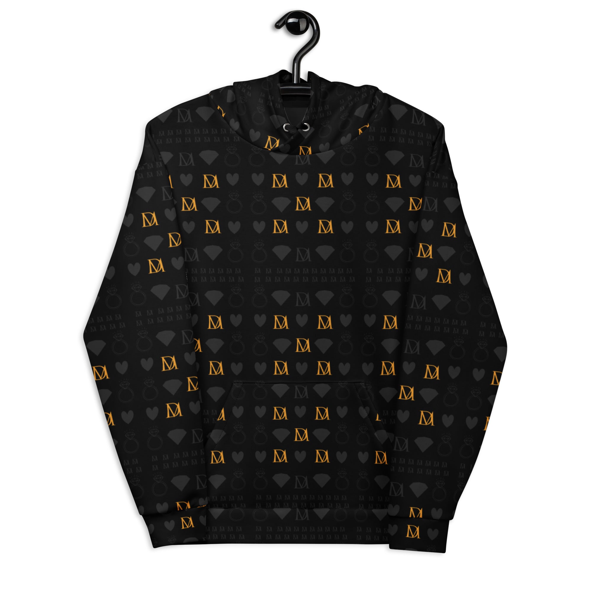 Unisex white recycled hoodie with all-over frosted diamond gold tender print by Daemon, featuring a front view with hood.